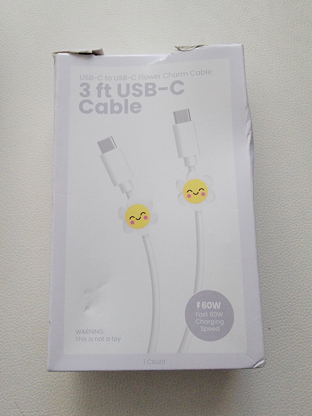 GEMS 60W USB-C to USB-C 3 ft Cable with Yellow Flower Charm - White